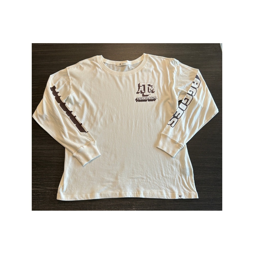 47 Brand Texas A&M Aggies Long Sleeve T-Shirt White Mens Medium Leopard Logo New